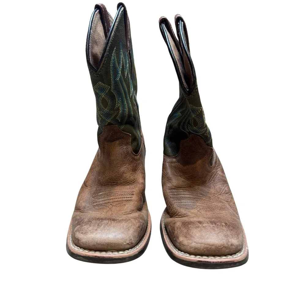Ariat Kids Square‎ Toe Western Cowboy Boots Brown Green Stitching Pull-On size 4